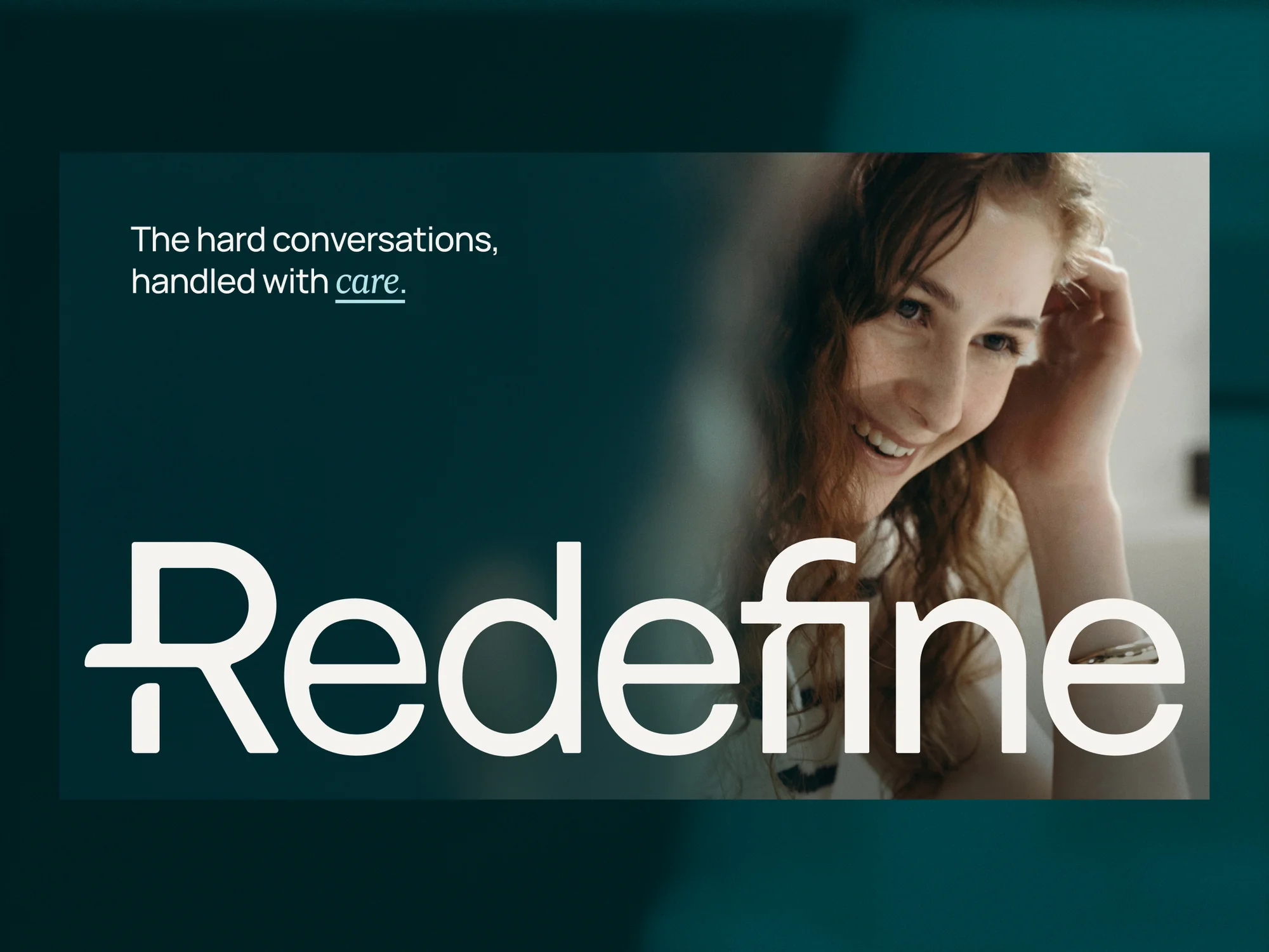 Redefine HR wordmark over a portrait, with the line “The hard conversations, handled with care.”