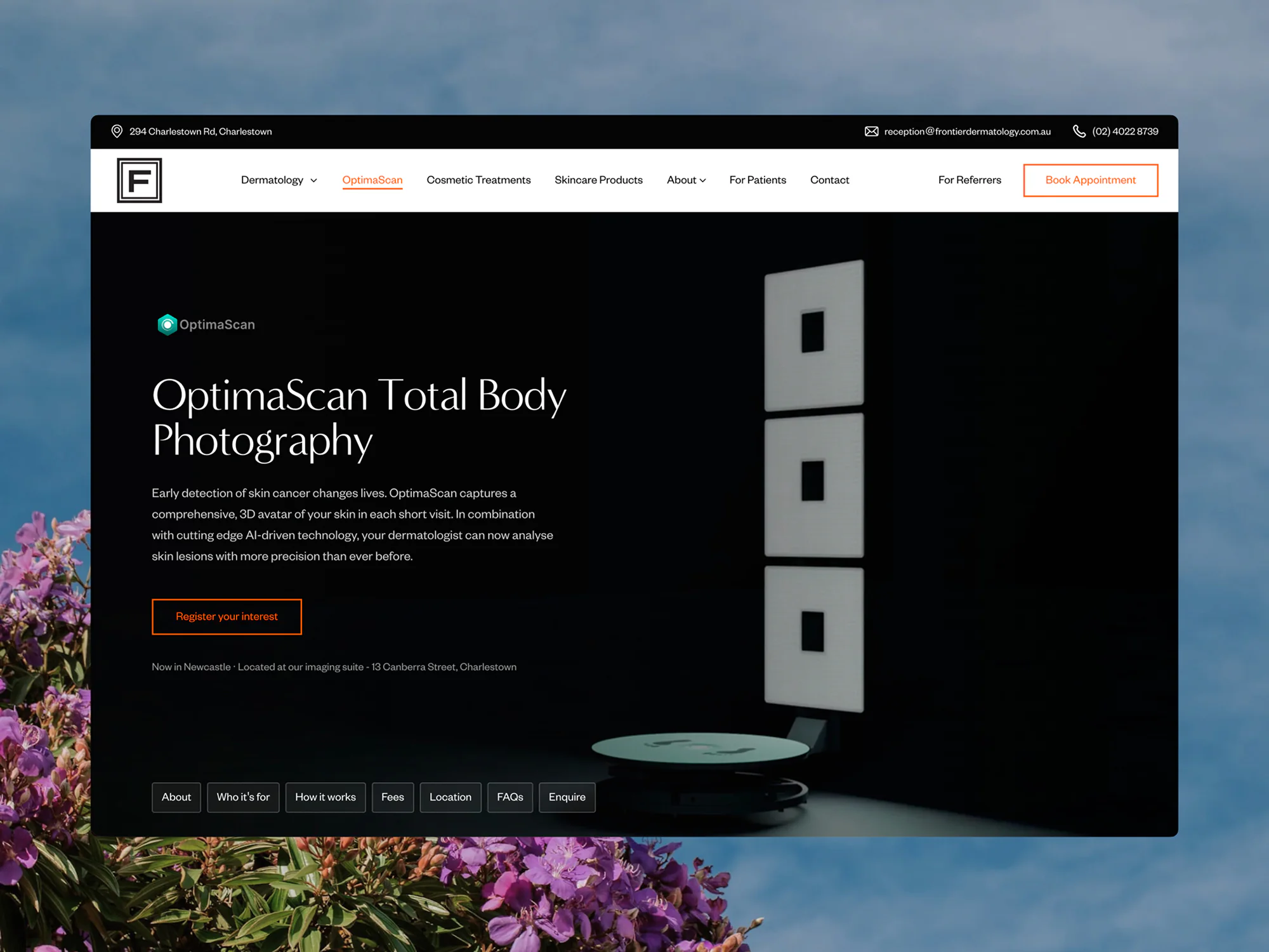 OptimaScan landing page for Frontier Dermatology.