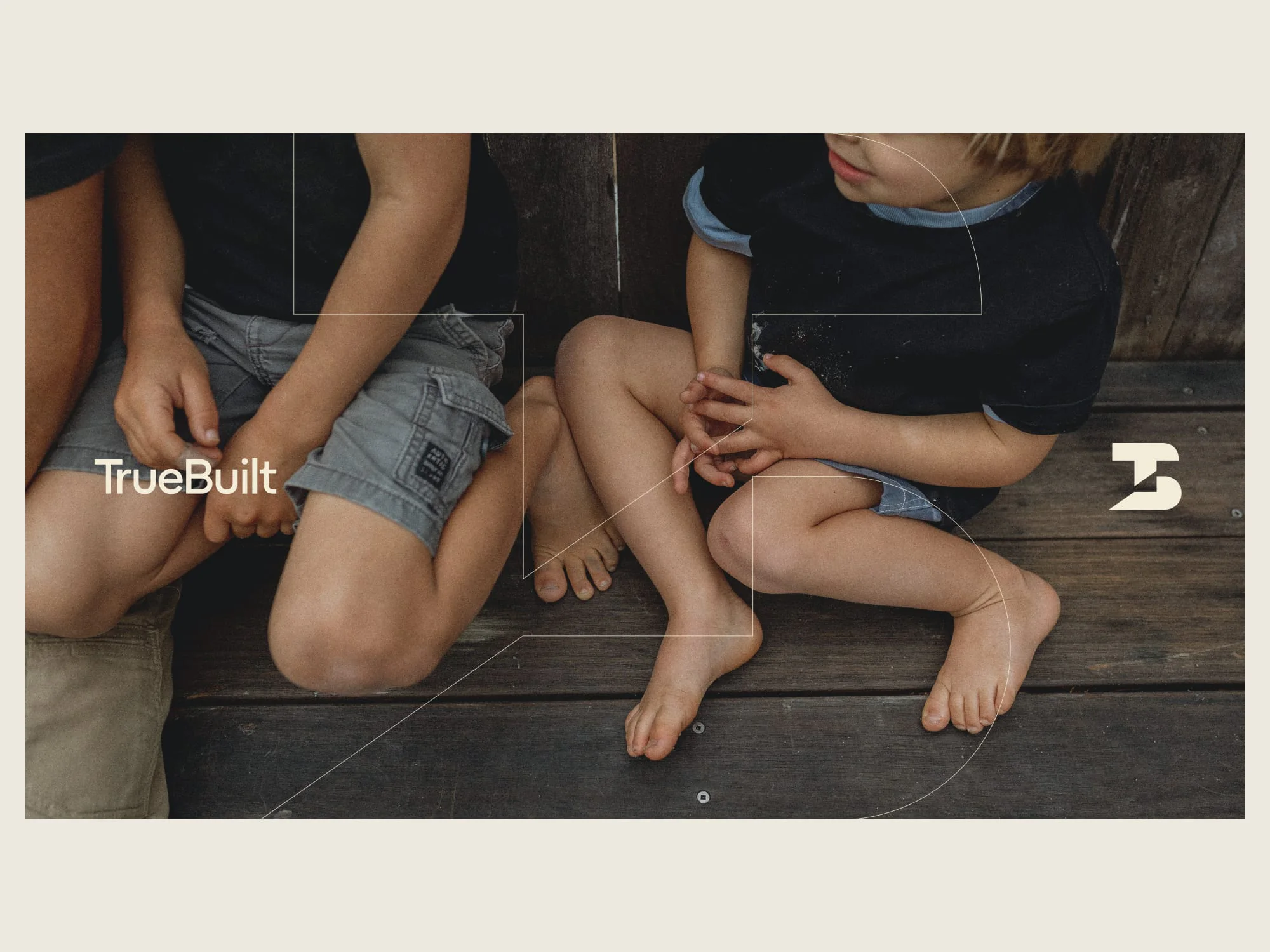 TrueBuilt Projects brand imagery over lifestyle photography of children on a timber deck.