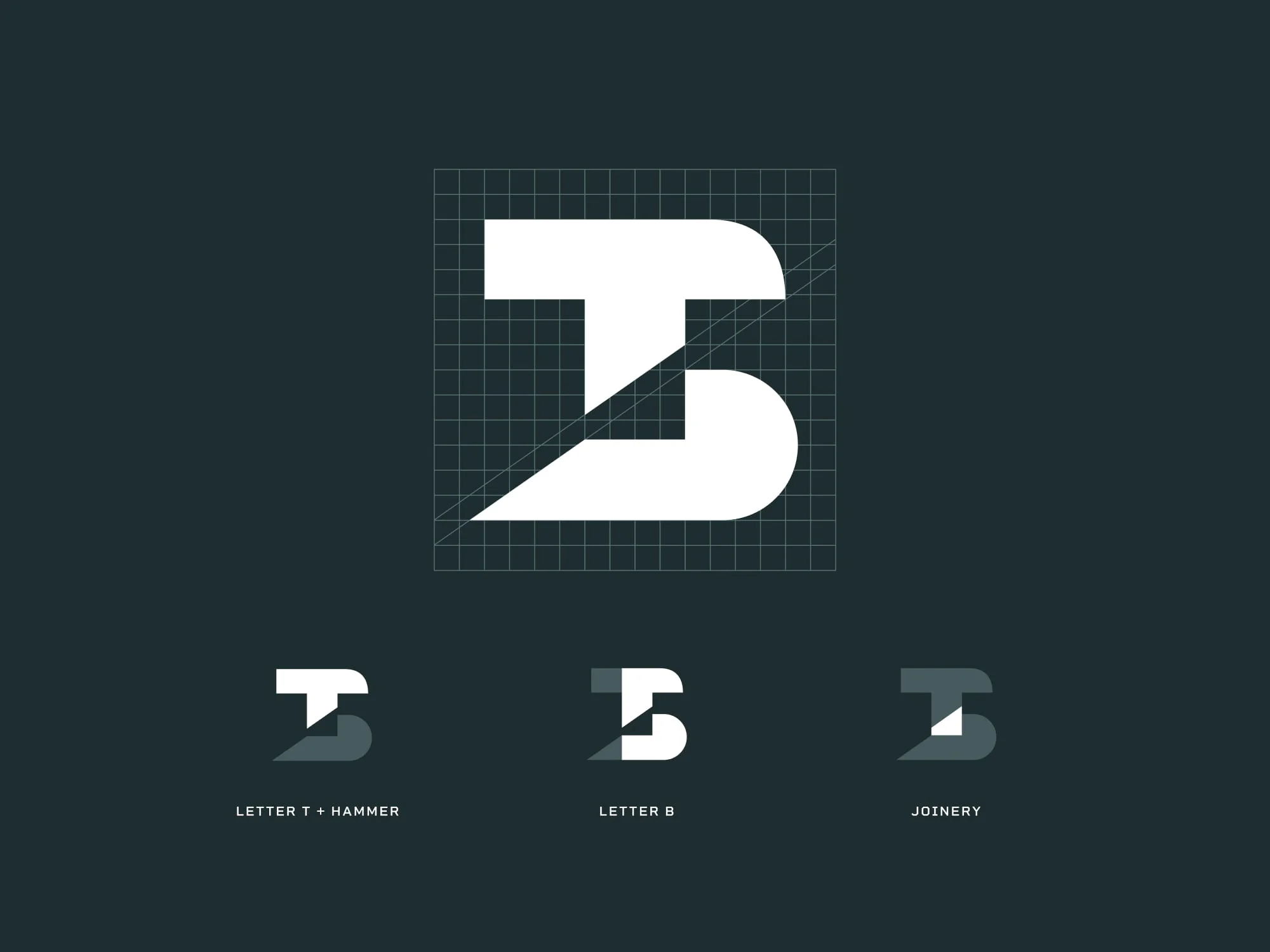 TrueBuilt Projects logo construction — a T-and-hammer B monogram on a blueprint grid.