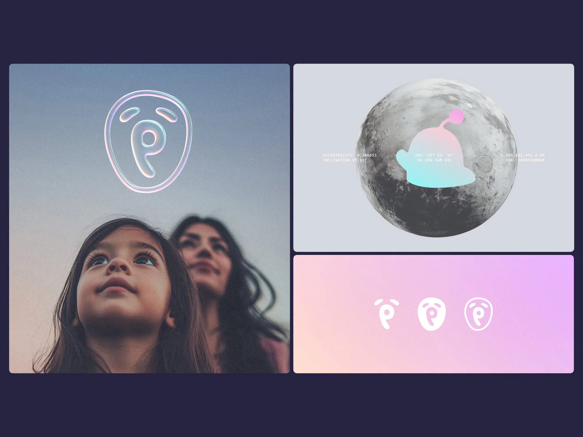 Hey Pluto brand identity: logo, colour, type and app screens laid out as a bento grid.